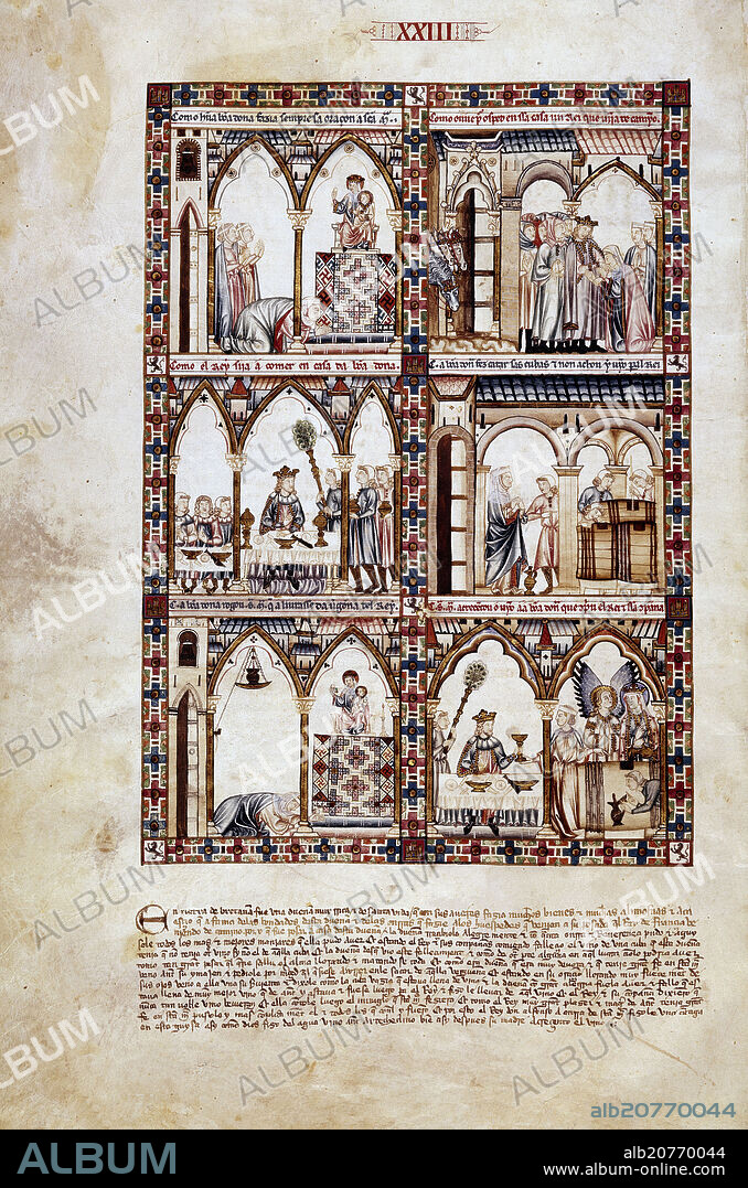 ALFONSO X EL SABIO (1221-1284). MTI1-CANTIGA STA MARIA 23-F35V-MUJER HOSPEDA AL REY Y VIRGEN ACRECIENTA EL VINO DE LA BODEGA-S XIII.