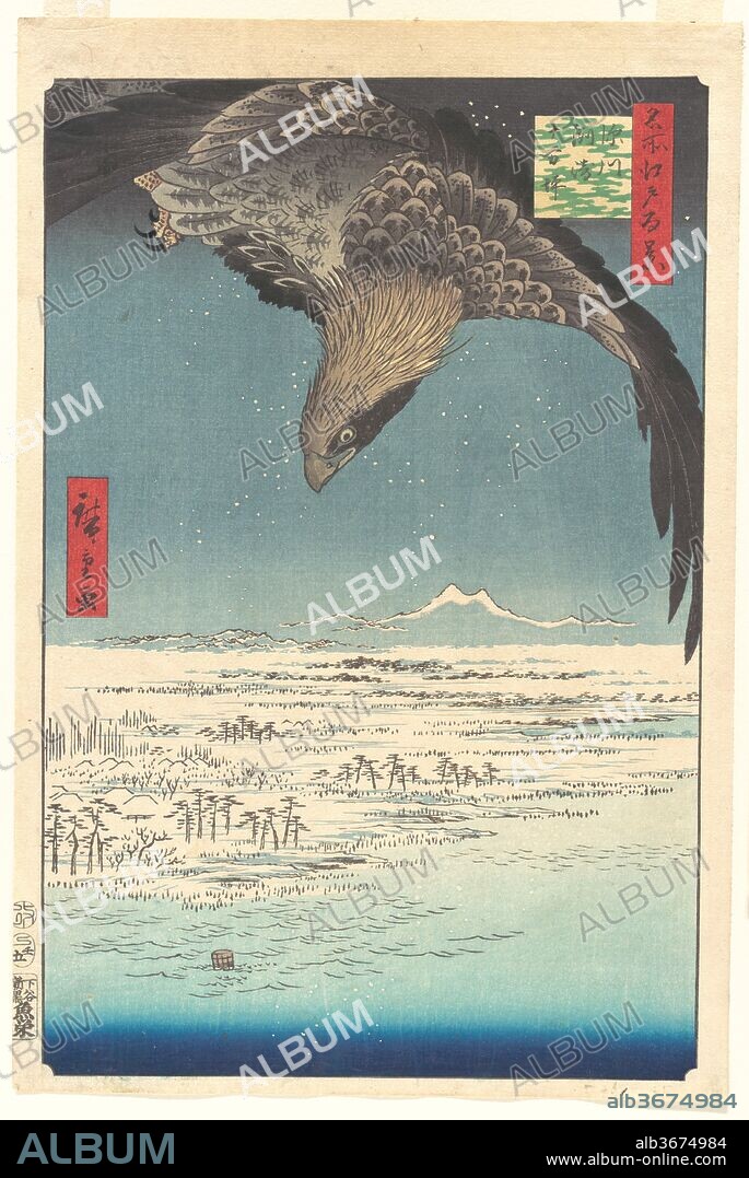 "Jumantsubo Plain at Fukagawa Susaki," from the series One Hundred Famous Views of Edo (Meisho Edo hyakkei, Fukagawa Susaki Jumantsubo). Artist: Utagawa Hiroshige (Japanese, Tokyo (Edo) 1797-1858 Tokyo (Edo)). Culture: Japan. Dimensions: Oban 14 1/16 x 9 1/2 in. (35.7 x 24.1 cm). Date: 1856.
A hawk is diving for prey on the snowy marshes below. Renowned for its size, the marshland depicted here was known as Jumantsubo after its approximate area of one hundred thousand tsubo (about eighty acres). The awesome figure of the hawk seen from a peculiar angle emphasizes the severity of the snowy weather.
Hiroshige, one of the two leading ukiyo-e landscape artists of the late Edo period (the other being Katsushika Hokusai), was the son of Ando Gen'emon, a low-ranking samurai who held a hereditary position in the Edo fire brigade. Hiroshige's prints are known for their bold, dynamic designs.