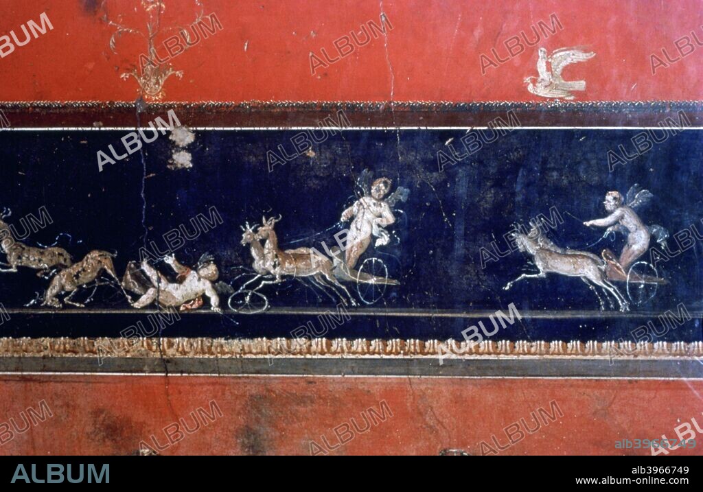 Roman mural, House of the Vettii, Pompeii, Italy. Winged figures riding in chariots pulled by stags or antelopes.