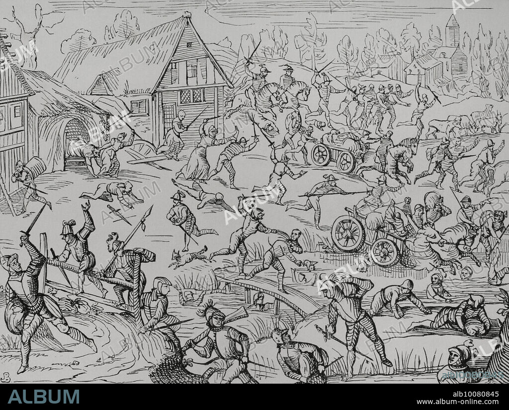 A village pillaged by soldiers. Facsimile of a woodcut in "Oldenburgisches Chronicon", 1599. "Moeurs, usages et costumes au moyen-âge et à l'époque de la Renaissance", by Paul Lacroix. Paris, 1878.