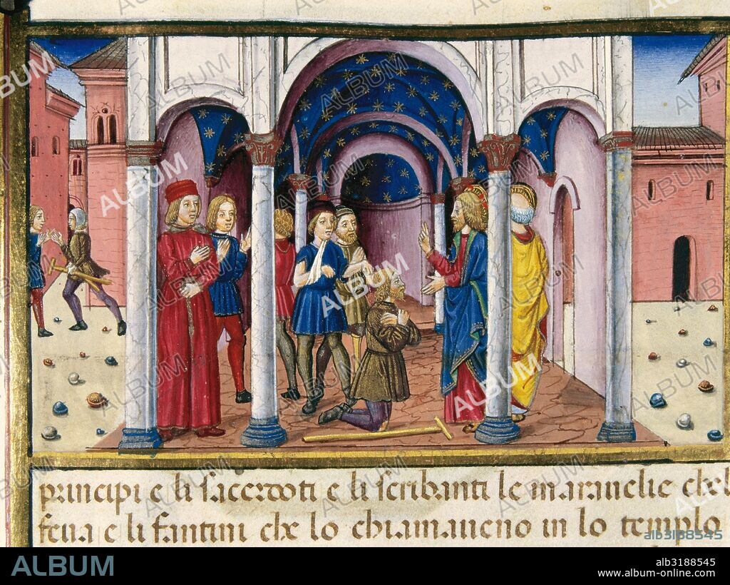 "JESUS ES RODEADO POR LA GENTE EN JERUSALEN, DURANTE LAS FIESTAS DE PASCUA, A CAUSA DE SUS PRODIGIOS". Página miniada del "Códice de Predis" (1476). Renacimiento-Quattrocento (siglo XV). Biblioteca Real. Turín. Italia.