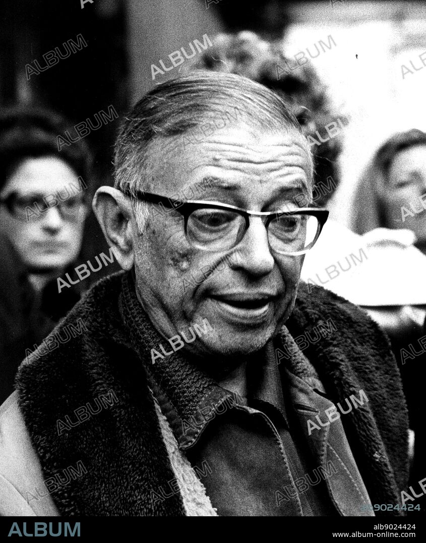 Jean Paul Sartre (1905-1980) French philosopher, novelist and dramatist at press conference at the offices of La Cause due Peuple, Paris, 1970.