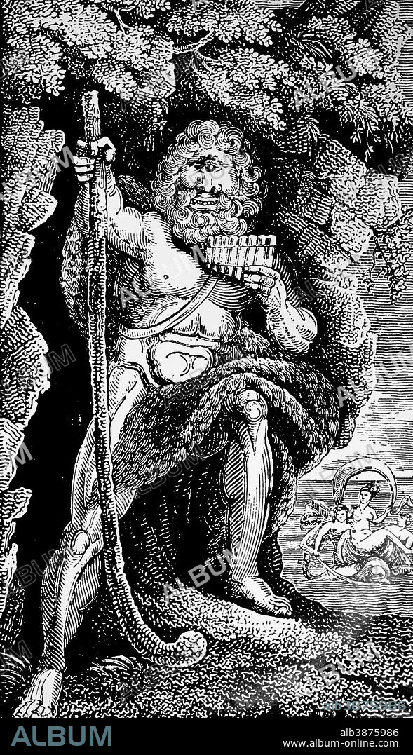 Engraving depicting Polyphemus the giant son of Poseidon and Thoosa in Greek mythology, and one of the Cyclopes described in Homer's Odyssey. Dated 18th century.
