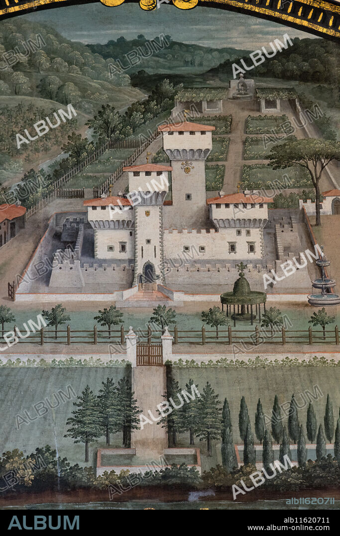 Medici Villa La Petraia: "the Medici villa di Cafaggiolo", in the lunette called "Cafagiolo", one of the fourteen lunettes by Giusto Utens, Italianized name of Iustus van Utens, 1599-1602. This villa is located in Barberino di Mugello. The lunettes present idyllic aerial views of calligraphic precision, very decorative and precious evidence of the appearance of these buildings in the past. They were painted for the Medici villa of Artimino as an "inventory" (today we would say "cadastre") of the possessions of the Grand Duke Ferdinando I de' Medici, and after various moves, they are preserved today in the Villa La Petraia. Originally there were 17, but only 14 have reached us. Detail.