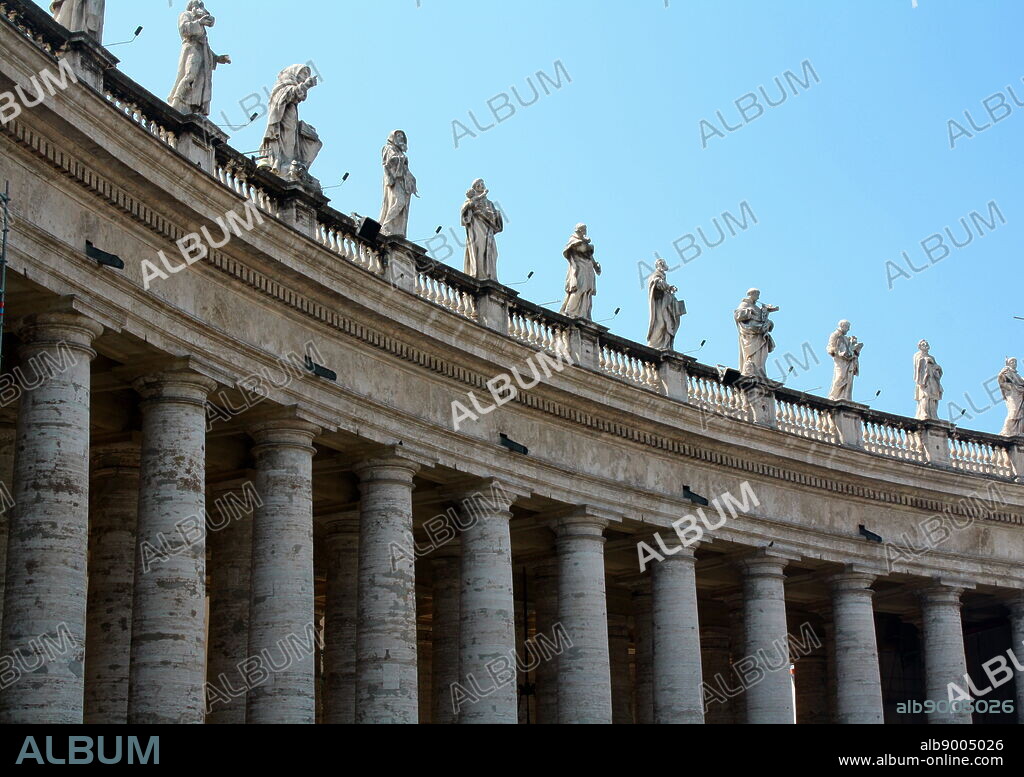 Saint Peter's Square or the Piazza San Pietro, a large plaza which stands in front of St. Peter's Basilica in the Vatican City, Italy. Placed in the centre is a 4,000 year-old Egyptian obelisk, which was places there in 1568. The actual square was designed by Gian Lorenzo Bernini almost 100 years later. The square also has 2 matching granite fountains, constructed by Carlo Maderno around 1613 and Bernini in 1675. This image shows the multitude of columns.