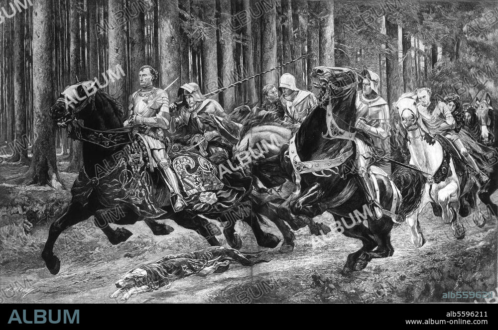 Karl der Kühne, Herzog von Burgund. 1432-1477. - "Karls des Kühnen Flucht nach der Schlacht bei Murten". (22. Juni 1476; Sieg der Eidgenossen über Karl d. K.) - Holzstich nach dem Gemälde, 1894/95, von Eugene Burnand (geb. 1850). Aus: H.Bär Hrsg., Bildersaal dt. Geschichte, Stuttgart Berlin Leipzig o. J. Berlin, Sammlung Archiv für Kunst und Geschichte.