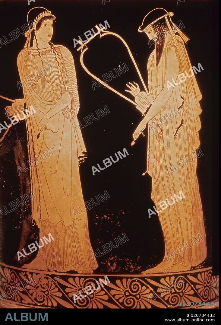 SAFO Y ALCEO - "LA POESIA Y LA MUSICA" - VASO ATICO DE FIGURAS ROJAS - HACIA EL 480 AC.