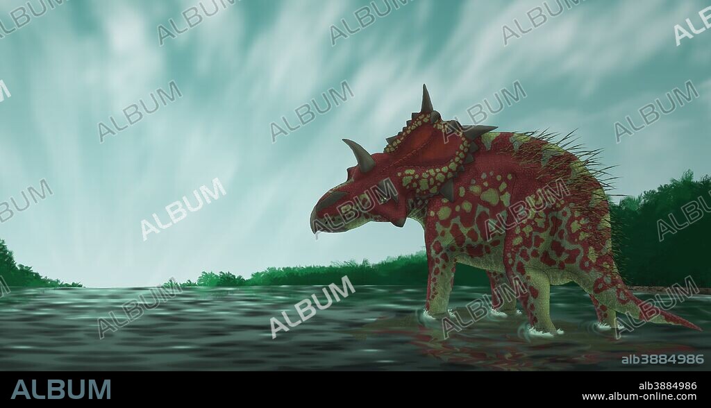 A Xenoceratops scratches its back with its epoccipital bones, standing in the shallow waters of a prehistoric river.