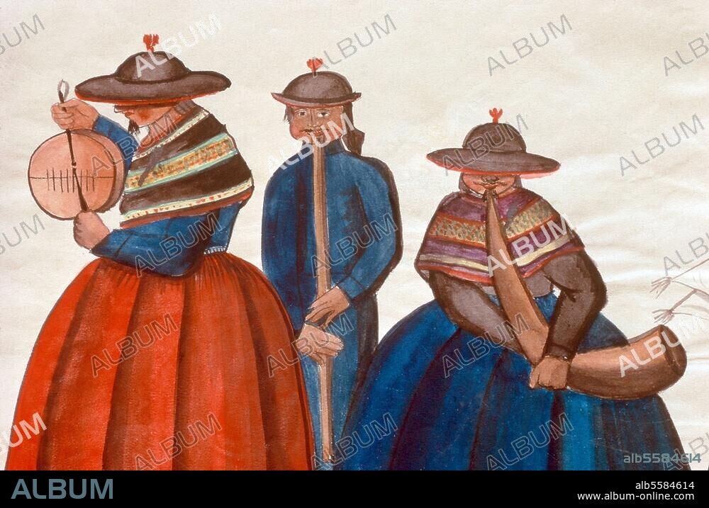 Ethnologie / Amérique / Bolivie. Indiens Tarabucos avec des instruments de musique; à droite le "Pututu", au centre le "Pinkillo". Dessin à la plume, aquarellé, 1849, de Melchor Maria Mercado. Tiré de : Album de paysages, types (...). de Bolivie, 1841-69. Sucre, Archives Nationales de Bolivie.