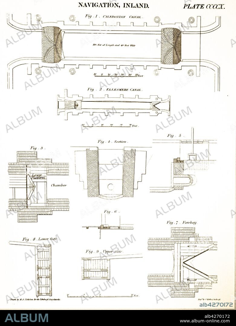 An engraving depicting the locks of the Caledonian and Ellesmere Canals. Fort Augustus Locks (top: Caledonian). Lock chambers and gates (Figs 3-9: Ellesmere). Dated 19th century.