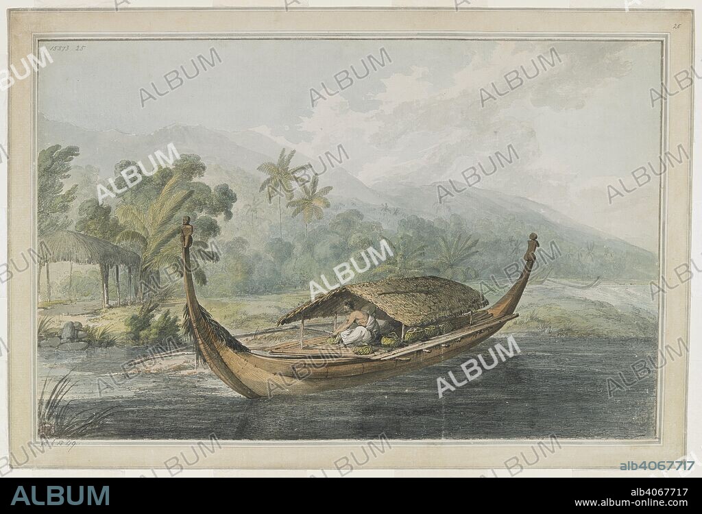 [Whole drawing] A canoe of Ulietea [Raiatea]. A man, with native baskets, sits on the planks of an outrigger 'pahi', which has a thatched roof. The head and stern are surmounted by a carved seated ti'i figure. In the background are canoes beached on the shore. November 1777. Drawings executed by John Webber during the Third Voyage of Captain Cook, 1777-1779. Raiatea; 1777. Source: Add. 15513, No.25. Language: English.