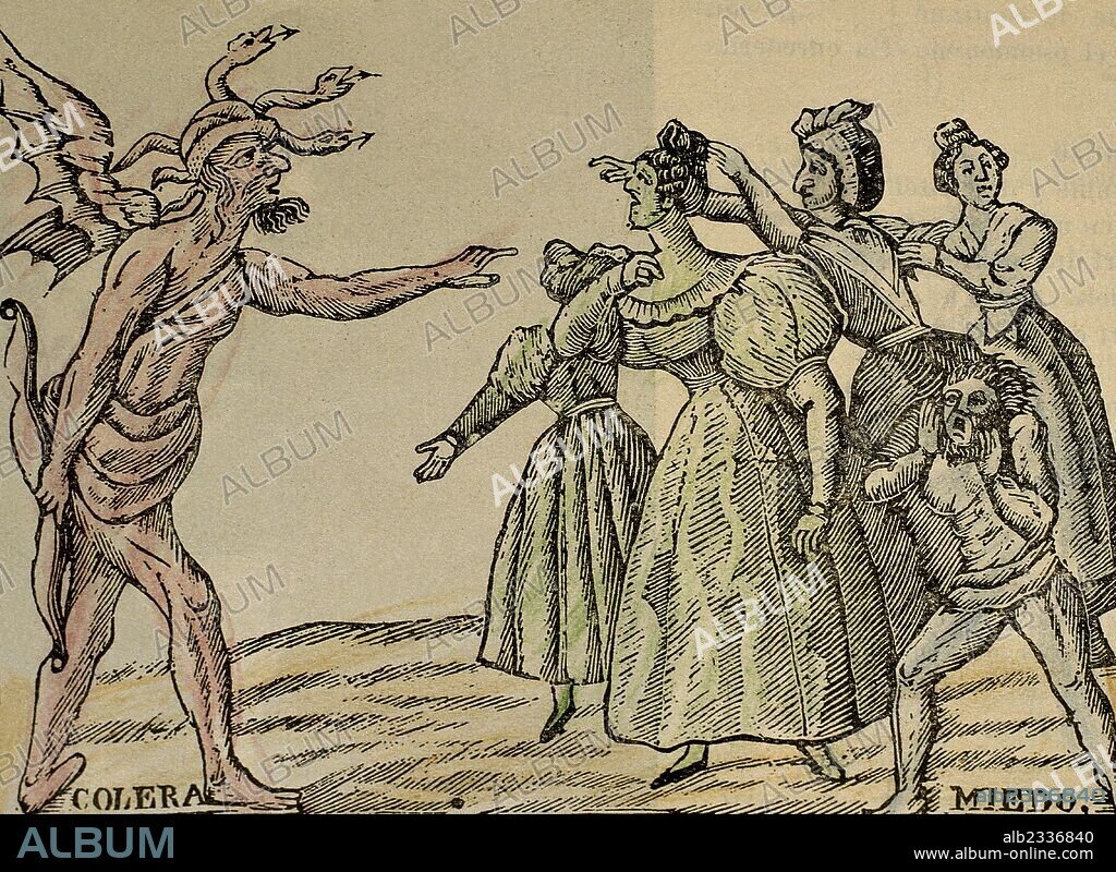EL COLERA EN BARCELONA. SIGLO XIX. "FUERTE DISPUTA ENTRE LAS MUJERES Y EL COLERA EN SU DESPEDIDA". Grabado coloreado de uno de los "romances" de la época, que se hicieron durante el terrible azote de cólera que sufrió la ciudad de Barcelona en el año 1865.
