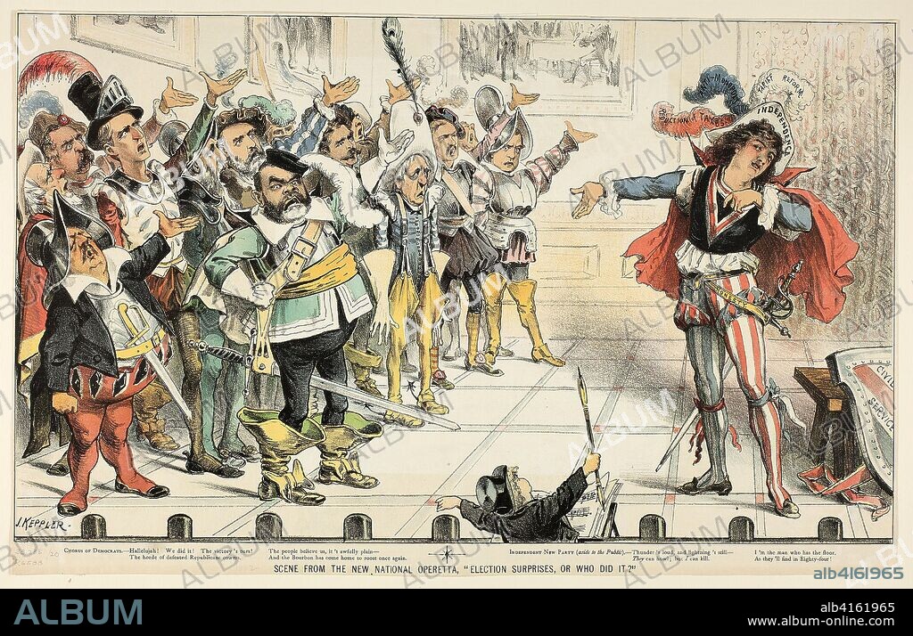 Scene from the New National Operetta, from Puck. Joseph Keppler; American, 1838-1894. Date: 1883. Dimensions: 282 x 475 mm (image); 302 x 477 mm (sheet). Color lithograph on newsprint. Origin: United States.