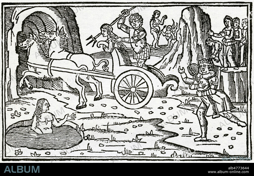 Enlevement de PROSERPINE par PLUTON. La nymphe CYANE est transformee en fontaine. Xylographie anonyme du 16eme siecle pour Les Metamorphoses d'OVIDE (-43 a c.18) . Credit :.