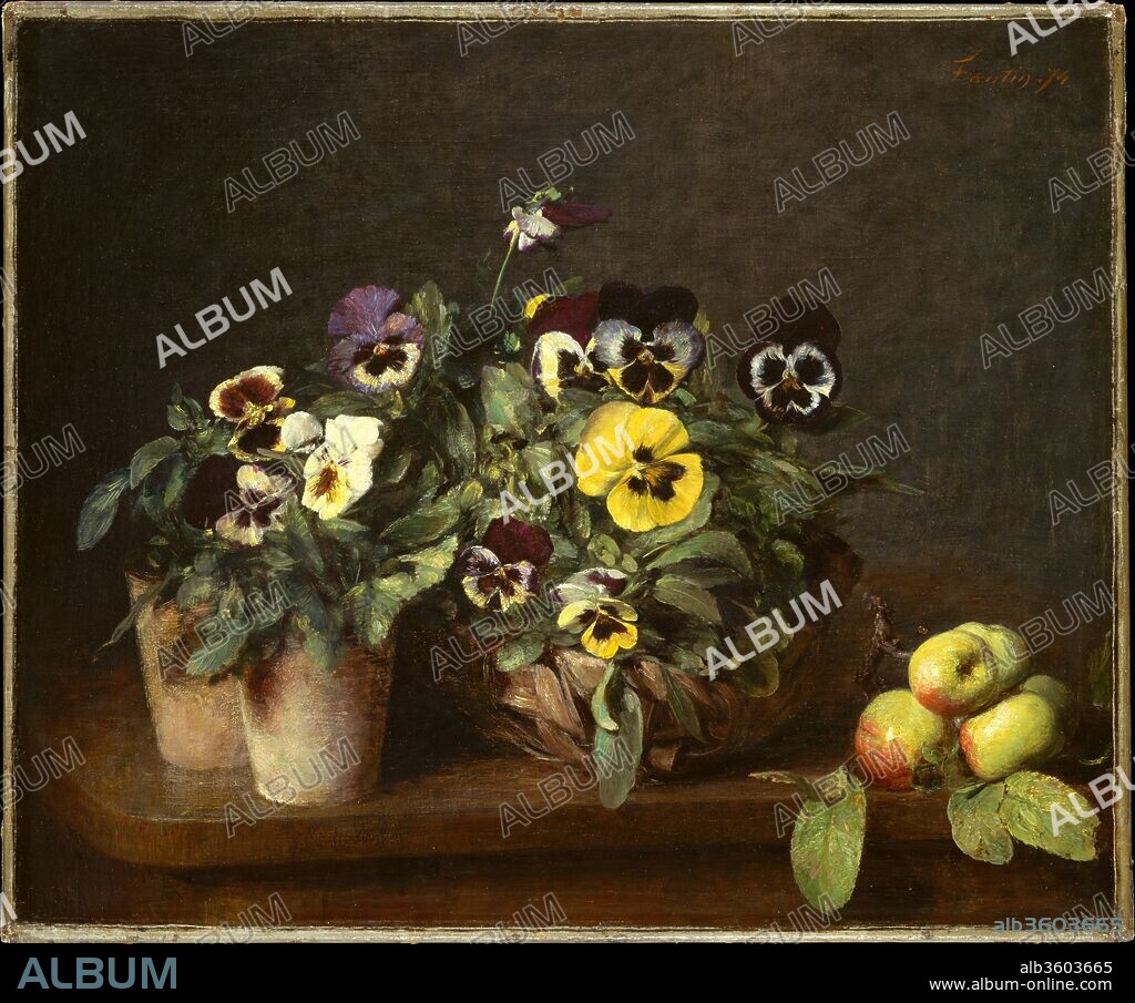 Still Life with Pansies. Artist: Henri Fantin-Latour (French, Grenoble 1836-1904 Buré). Dimensions: 18 1/2 x 22 1/4 in. (47 x 56.5 cm). Date: 1874.
According to a list of Fantin's paintings compiled by his wife, this still life is one of thirty-one compositions of flowers and fruit that the artist produced in 1874. The branch of apples suggests that the present picture was painted in the fall; the pansies are spring flowers that were probably cultivated in a hothouse. Fantin reprised elements seen here in at least two other paintings: <i>Potted Pansies</i> of 1883 (2013.636) and <i>Pansies</i> of 1903 (1996.517).