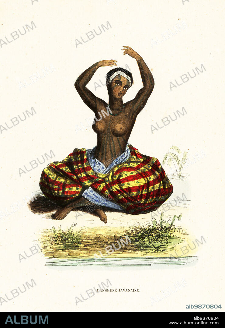 Tattooed and bare-breasted young woman dancing a hula while seated on the ground. Dancing girl of Maui, Hawaii. After an illustration by Jacques Arago, artist on the ship Uranie under Louis de Freycinet. Danseuse de lile Sandwich, mistakenly labeled Danseuse Javanaise. Handcoloured woodcut by Degreet after Arago from Auguste Wahlen's Moeurs, Usages et Costumes de tous les Peuples du Monde, (Manners, Customs and Costumes of all the People of the World) Librairie Historique-Artistique, Brussels, 1845. Wahlen was the pseudonym of Jean-Francois-Nicolas Loumyer (1801-1875), a writer and archivist with the Heraldic Department of Belgium.