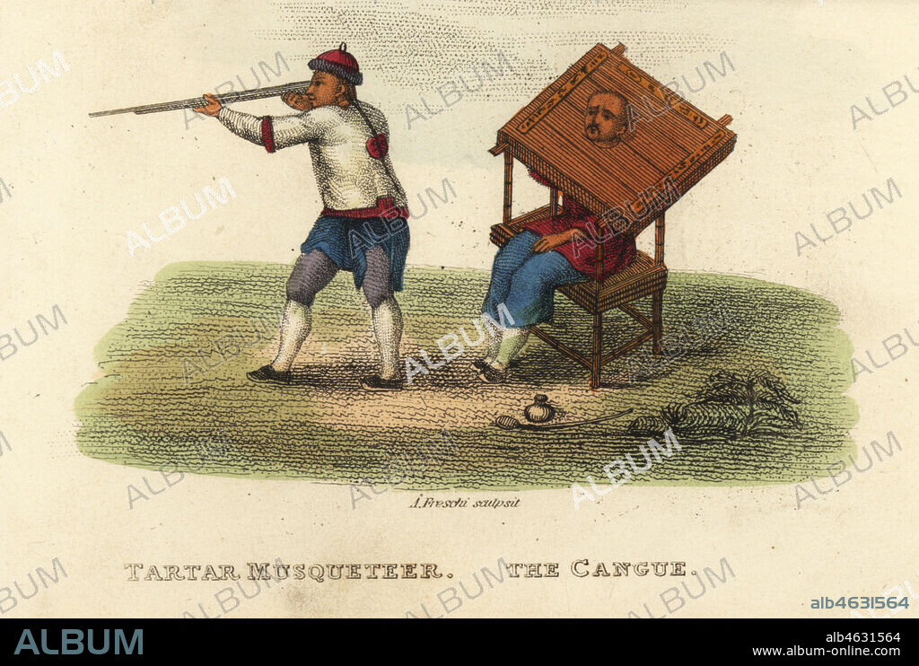 Tartar musketeer and man wearing the Cangue punishment, Qing Dynasty. The criminal sits in a special chair to support the heavy wooden collar. Tartar musqeteer and man wearing the Cangue collar punishment, Qing Dynasty.