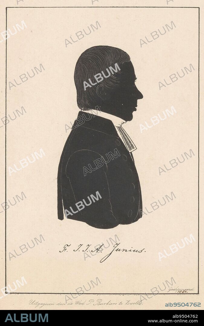 Silhouette portrait of Franciscus Johannes Jacobus Albertus Junius, Pieter Barbiers (IV) (possibly), 1851, Below the portrait the signature of the portrayed., print maker: Pieter Barbiers (IV), (possibly), publisher: weduwe Pieter Barbiers (IV), (mentioned on object), Zwolle, 1851, paper, h 151 mm - w 108 mm.