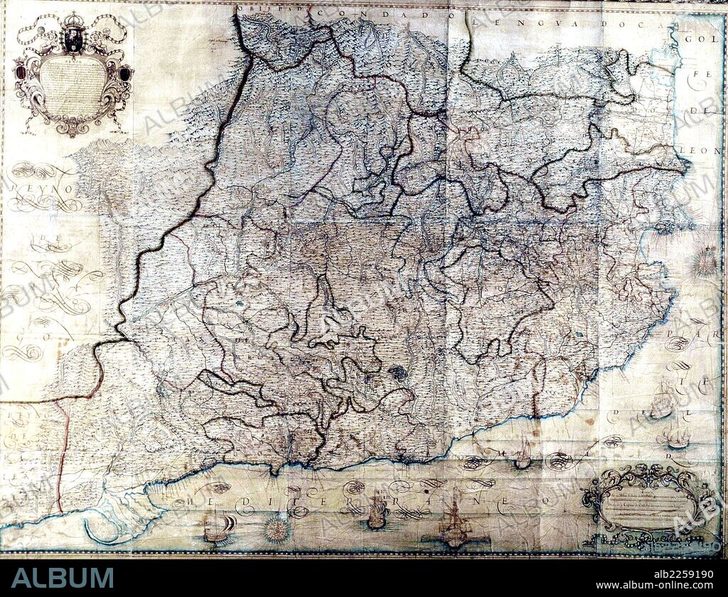 CARTOGRAFIA. MAPA DEL PRINCIPADO DE CATALUÑA Y DE LOS CONDADOS DE ROSELLON Y CERDEÑA, REALIZADO POR AMBROSIO BORSANO. REINADO DE CARLOSII ,1665-1700.