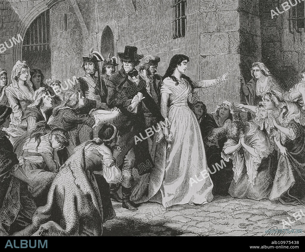 Marie-Jeanne Roland de la Platière (1754-1793), conocida como Madame Roland. Revolucionaria francesa. Fue sentenciada a la guillotina durante la era del Terror. Madame Roland saliendo de la cárcel de la Conciergerie para presentarse ante el Tribunal Revolucionario. Sus compañeras de prisión arrodillándose a su paso. Grabado por Jonnard. "Historia de la Revolución Francesa". Tomo I, 1876.