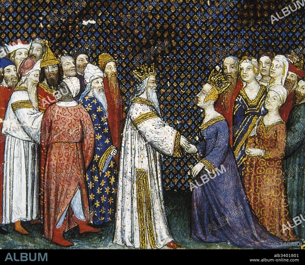 Basina reina de Turingia (mediados s. v). Dejó a su esposo el rey Basinio y fue a la Galia romana a pedir la mano del Childerico I (436-481), rey de los francos, y se casó con él. Miniatura del siglo XIV de "La Coronación de Childerico I y la reina Basina". "Les Chroniques de France" o "Chroniques de Saint-Denis. Museo Condé, Castillo de Chantilly, Francia.