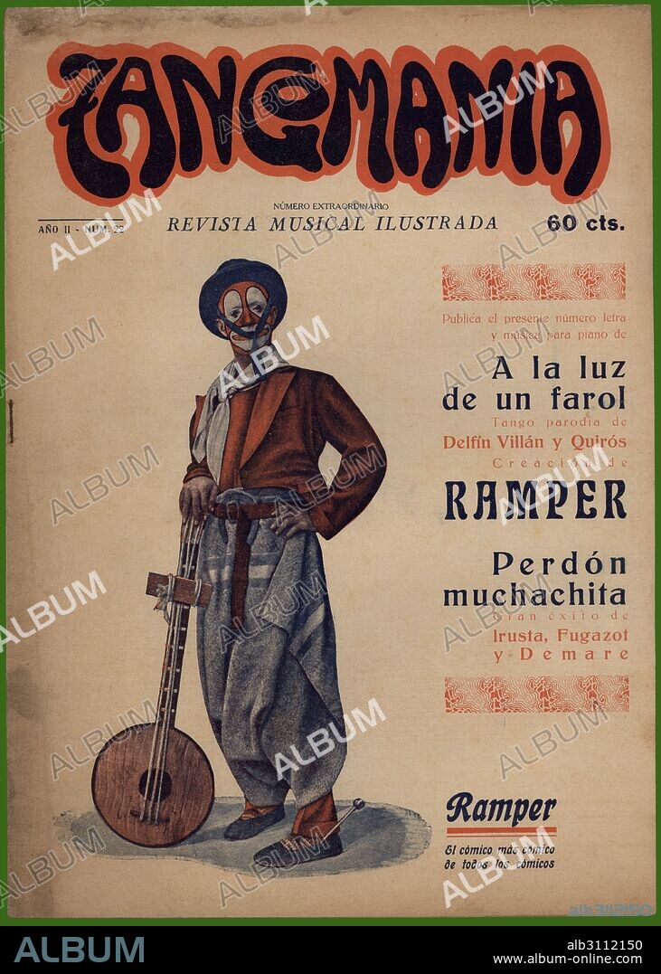 Portada de la revista musical ilustrada Tangomanía, dedicada al cómico Ramper. Barcelona, año 1929.