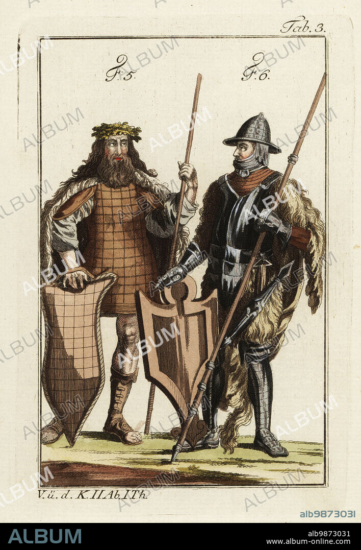 Marcomanni and Quadi warriors. Marcomanni with checkered tunic and shield, crown worn before battle 5. Quadi in full-body armour, with gauntlets, holding lance and shield, animal skin cloak 6. Handcolored copperplate engraving from Robert von Spalart's Historical Picture of the Costumes of the Principal People of Antiquity and Middle Ages, Vienna, 1796.