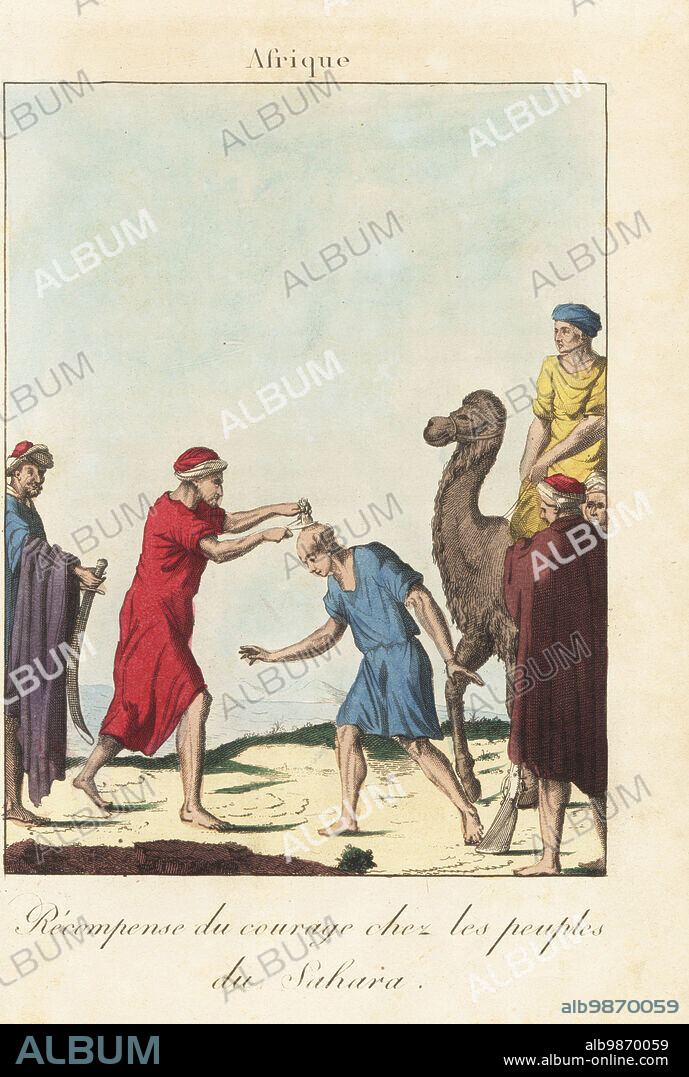Reward for bravery among the Mougeare (descendants of Portuguese and Arabs) nomadic people of the Sahara. A sheik uses scissors to cut a tuft of hair from a brave youth in front of men armed with muskets and sabres. Recompense du courage chez les peuples du Sahara. Handcoloured copperplate engraving from A. Antoine de Saint-Gervaiss Album des Peuples, ou Collection de Tableaux, Album of Peoples, or Collection of Paintings, J. Langlume et Peltier, Paris, 1835. Reprinted from Moeurs et coutumes des Peuples, Hocquart, 1811.