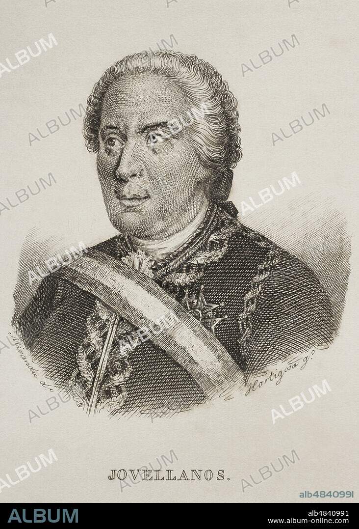 Gaspar Melchor de Jovellanos (1744-1811). Escritor, jurista y político ilustrado español. Ilustración por Miranda. Grabado por Hortigosa. "Historia del Levantamiento, Guerra y Revolución de España", por el Conde de Toreno. Madrid,1851.