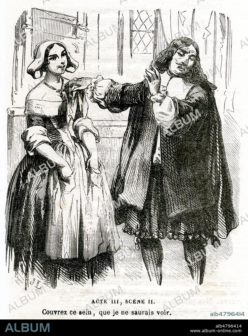 Couvrez ce sein que je ne saurais voir. Tartuffe a Dorine. Acte III, Scene 2. Illustration vers 1855 par Ange-Louis JANET-LANGE (1815-1872) pour Monsieur de Pourceaugnac de MOLIERE (1622-1673). Credit : Coll. Jonas/KHARBINE-TAPABOR.