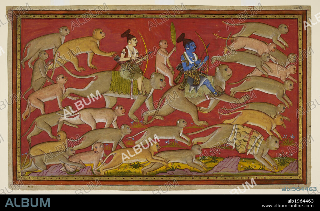Rama sets out with the monkey army, Rama determines the order of march for his vast army of monkeys and bears and sets out towards the south and the ocean. He is riding on Hanuman and his brother Laksmana is riding on Angada. Image taken from Ramayana.