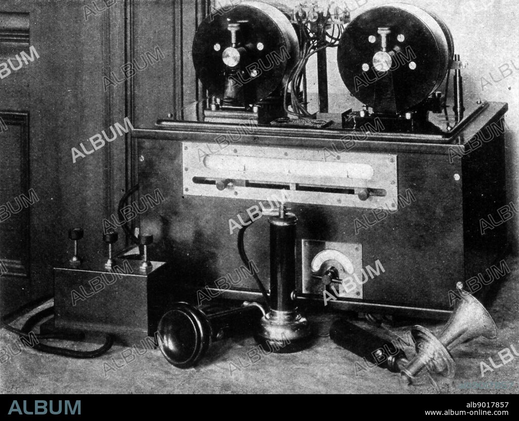 Tape Recorder; Valdemar Poulsen's Telegraphone; a magnetic tape recorder using thin steel ribbon. 1907.