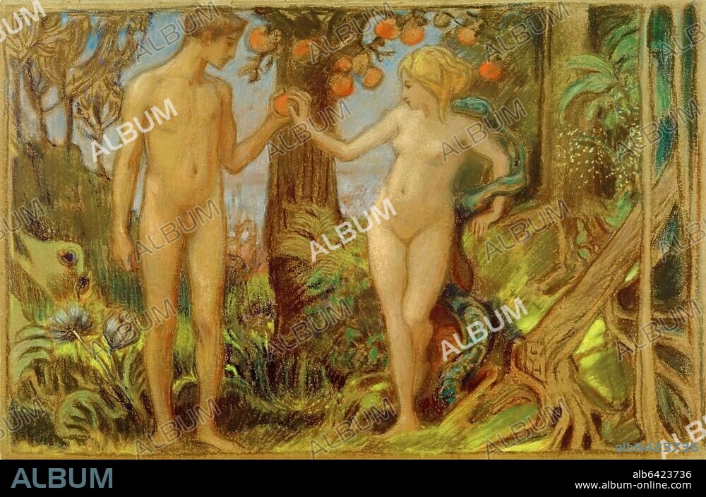LUDWIG VON HOFMANN. Hofmann, Ludwig von; German painter; 1861-1945. "Adam und Eva beim Baum der Erkenntnis", (Adam and Eve next to the Tree of Knowledge, 1898. Pastels on brown paper, 24 x 36.5cm. Inv.No. 24847.