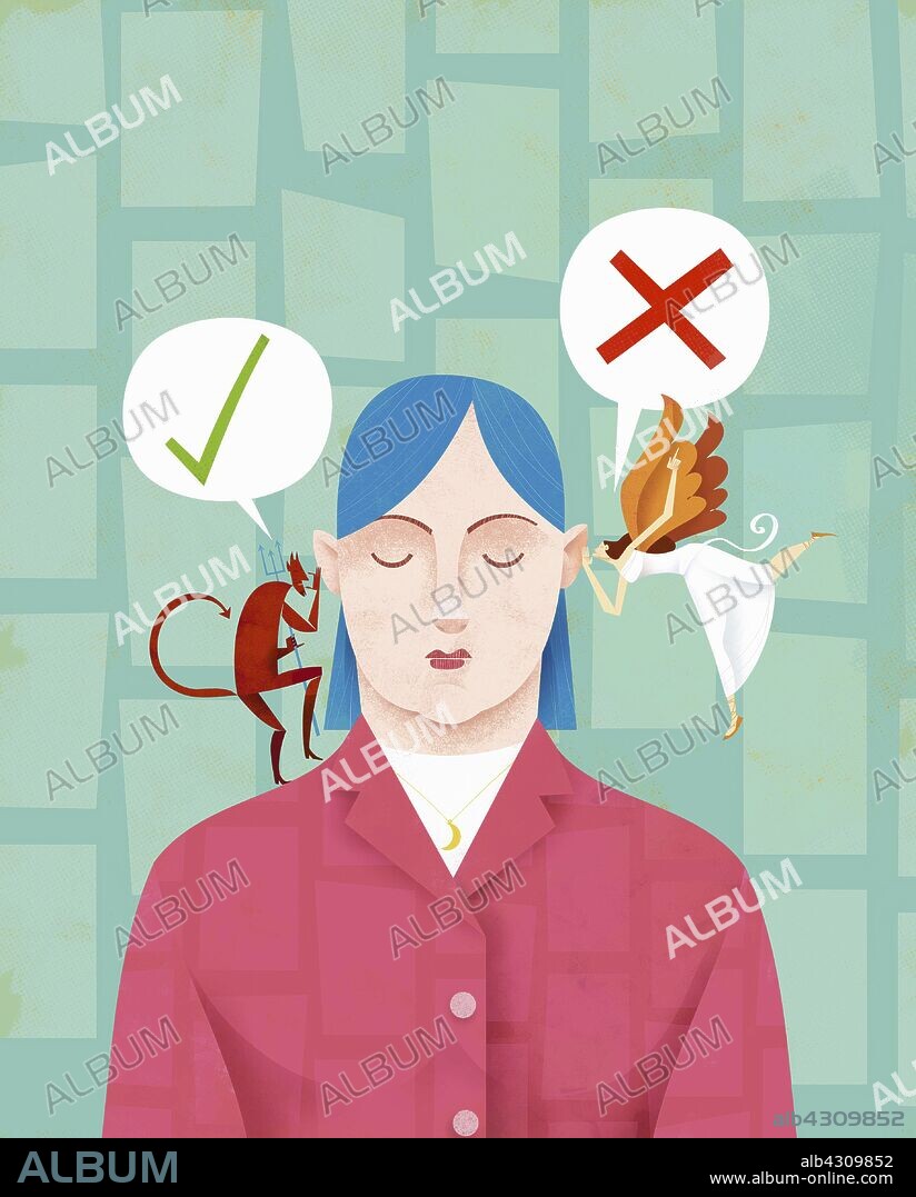 Woman making decision with devil and angel whispering in ear.