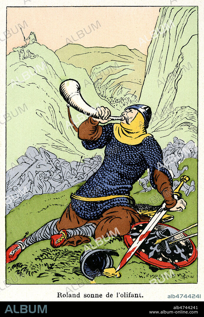 ROLAND sonne de l'oliphant. Illustration de Fernand FAU (1858-1919) pour Roland le Vaillant Paladin par Marie BUTTS. Credit : Collection Jonas/Kharbine-Tapabor.