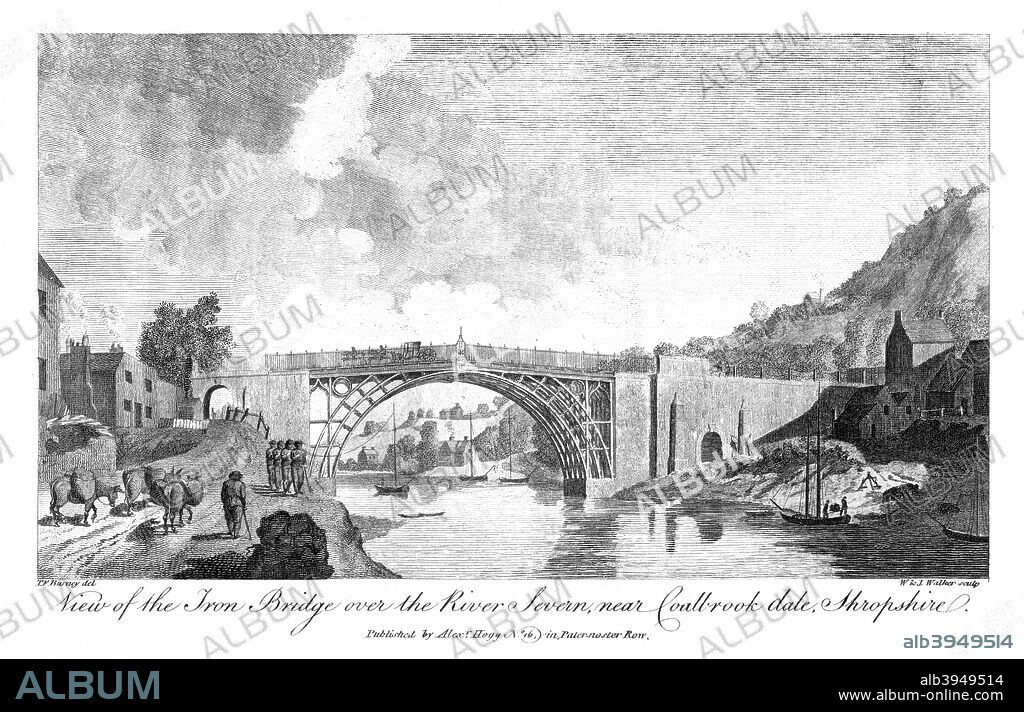 View of the iron bridge over the river Severn, Coalbrook Dale, Shropshire, 19th century. The development of coke smelting in Coalbrookdale by Abraham Darby I and his family in the 18th century revolutionised the production of iron and helped fuel the Industrial Revolution. This bridge was the first in the world to use cast-iron structurally and was built because ferries on the River Severn had become busy and expensive. It was designed by Thomas Farnolls Pritchard and built by Abraham Darby III.