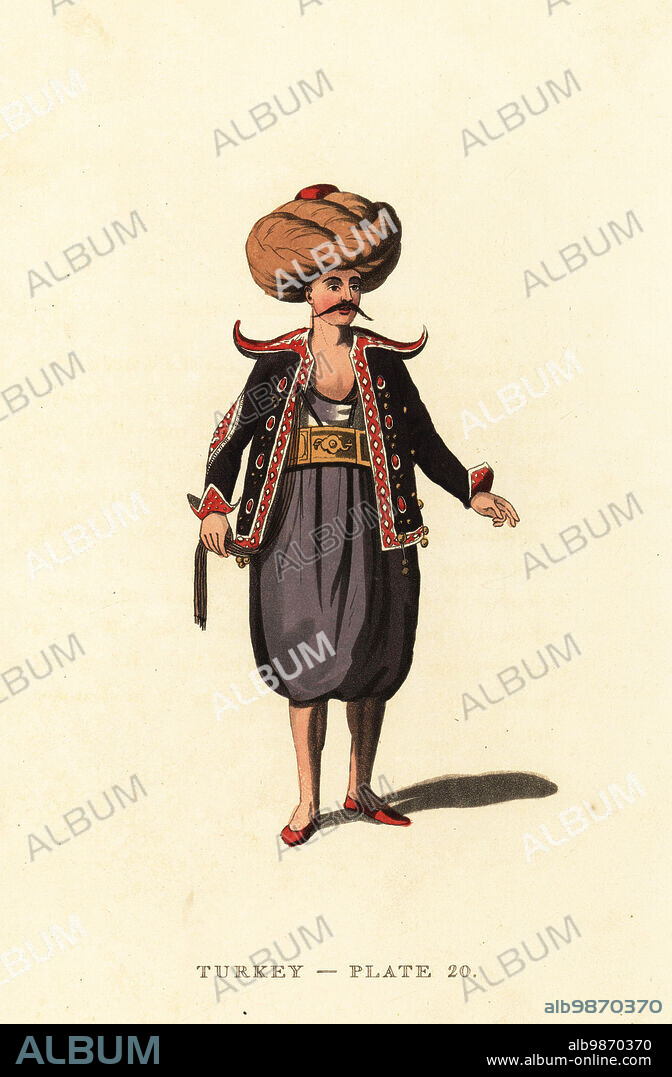 Saka or Turkish water carrier of Pera, Constantinople. He wears a large turban, short jacket decorated with gold or silk twist, loose trousers and red slippers. Handcoloured copperplate engraving after Octavian Dalvimart from William Alexanders translation of Picturesque Representations of the Dress and Manners of the Turks, Thomas MLean, London, 1814.