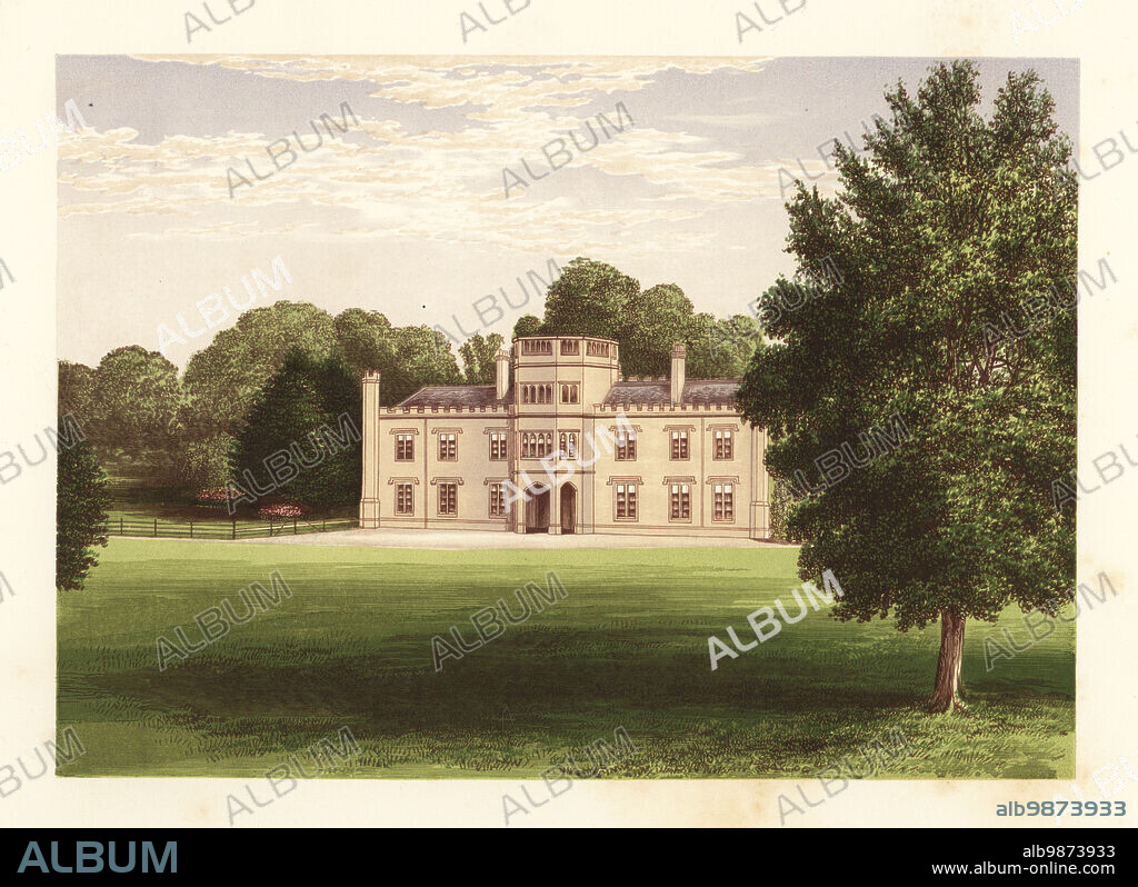 Wolseley Hall, Staffordshire, England. Georgian stately home rebuilt for Sir Charles, 7th Baronet, in the first half of the 19th century. Home of Sir Charles Michael Wolseley, 9th Baronet Colour woodblock by Benjamin Fawcett in the Baxter process of an illustration by Alexander Francis Lydon from Reverend Francis Orpen Morriss Picturesque Views of the Seats of Noblemen and Gentlemen of Great Britain and Ireland, William Mackenzie, London, 1880.