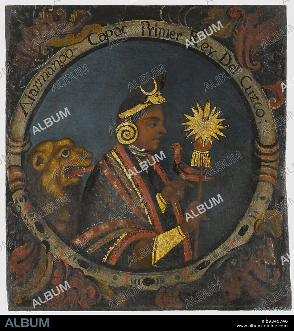 Manco Capac, First Inca, 1 of 14 Portraits of Inca Kings, Peruvian, Oil on canvas, Peru, mid-18th century, probably, Colonial Period, 23 1/2 x 21 11/16 in., 59.7 x 55.1 cm, 18th century, animal, bird, birds, bull, capac, Conquest, dog, earring, gold, head gear, hispanic heritage, historical, inca, king, Kings, latin american art, leader, lion, oil on canvas, painting, peru, peruvian, portrait, power, pre-colonial, profile, robe, ruler, sceptre, society, south american, spanish american art, Spanish Colonial, staff, tongue.