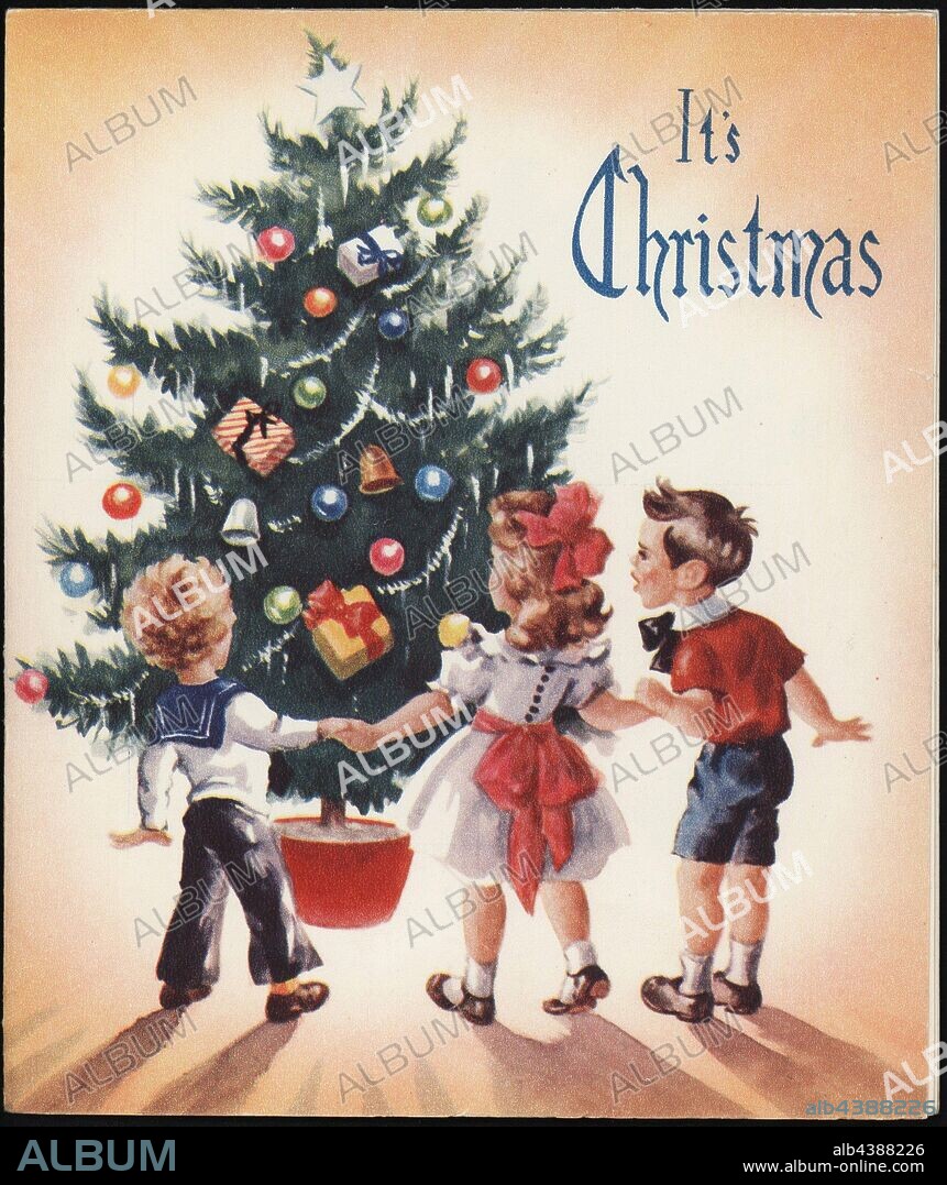 Christmas Card - Auntie Guss, To Mum, Dad, Granma, Lester & Yourself, It's Christmas, circa 1950s, Christmas Card made by Photogravures, circa 1950s. It features a Christmas Tree with children standing around it. It one of a series of cards collected by Mrs. Peg Harris who lived at Tollerton, Templeton Street, Avoca. The card is from Auntie Guss to Mum, Dad, Granma, Lester & Yourself. Margaret 'Peg' Preston Harris (nee Brereton) grew up at 'Tollerton' with her mother Sara Brereton (nee.