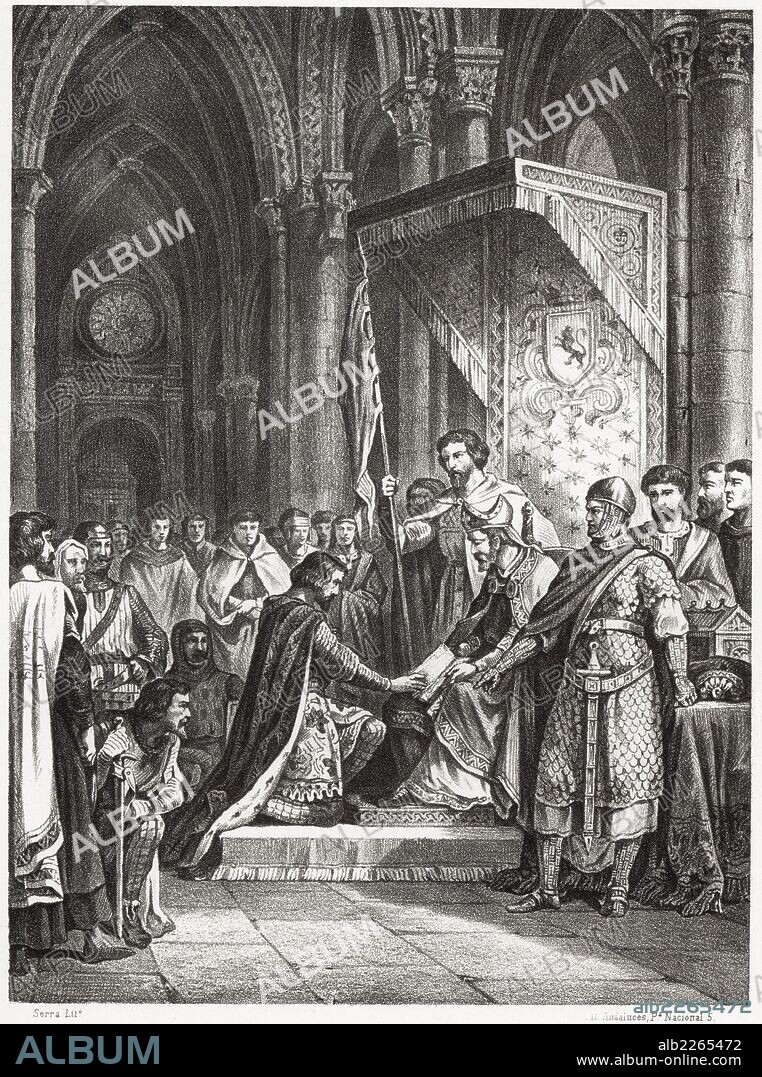 Historia de España. Juramento de Santa Gadea en Burgos. Rodrigo Díaz de Vivar (1048-1099), el Cid, toma juramento al rey Alfonso VI de Castilla y León (1047-1109) en 1072. Siglo XI. Grabado de 1872.