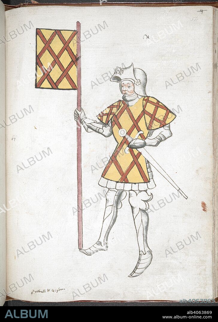 ROGER LEGH. Coloured drawing of a knight in armour and tabard. Legh's Men of Arms (manuscript also known as Sir Thomas Holme's Book of Arms). Part 3 ff. 41-112. England, S. E. (probably London). Last quarter of the 15th century or 1st quarter of the 16th century. Numerous coloured drawings of knights in armour and tabard. Source: Harley 4205 f.54. Language: French (names of the knights). Gothic cursive.