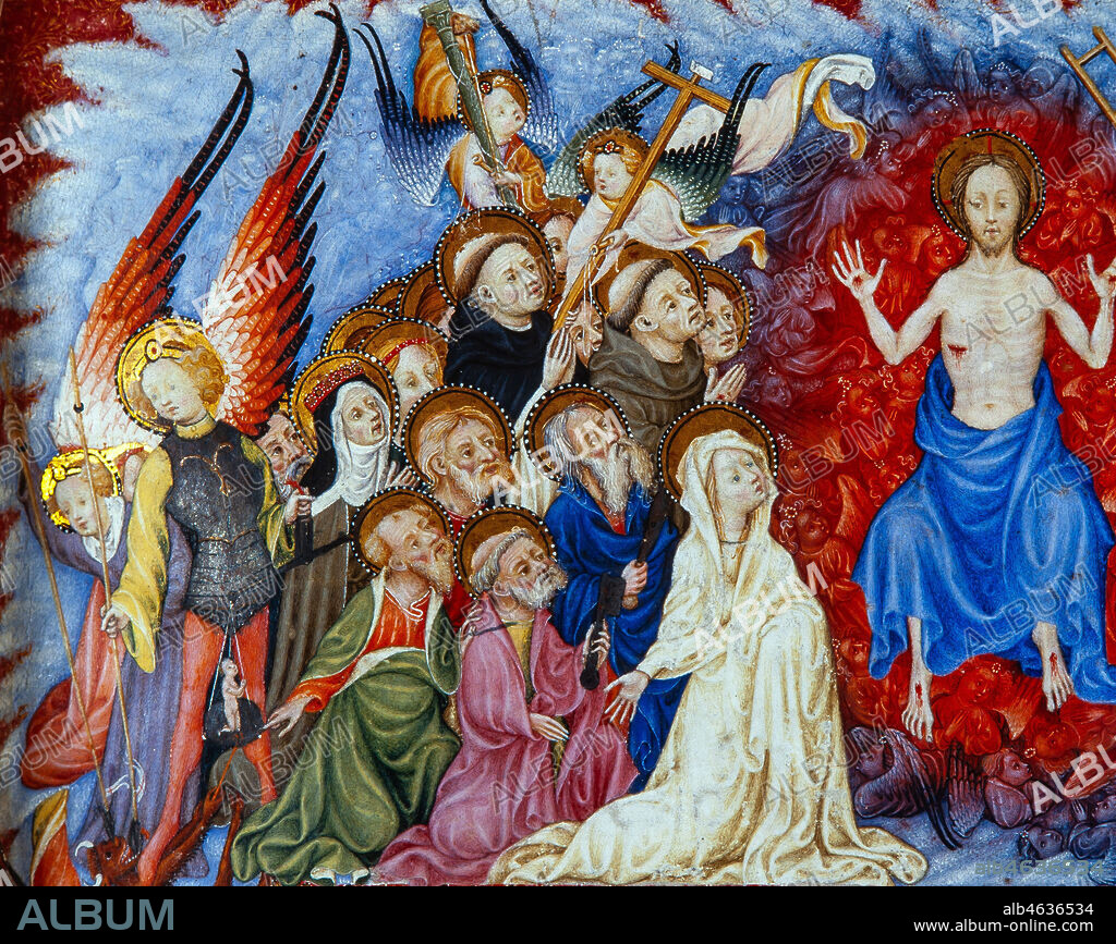 DESTORRENTS, RAFAEL (1375-SIGLO XV). Misal de Santa Eulalia. Detalle del Juicio final. Misal manuscrito. Miniaturas de Rafael Destorrents (hacia 1400-1405). 34,3 x 26,5 cm. Folio primero. Capítol de la Catedral de Barcelona, Archivo Capitular. Barcelona.