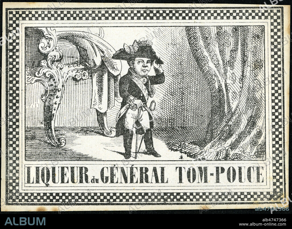 Liqueur du General Tom-Pouce.(Nain celebre du 19eme s.) Illustration anonyme pour une etiquette vers 1850. Credit : Collection IM/KHARBINE-TAPABOR.