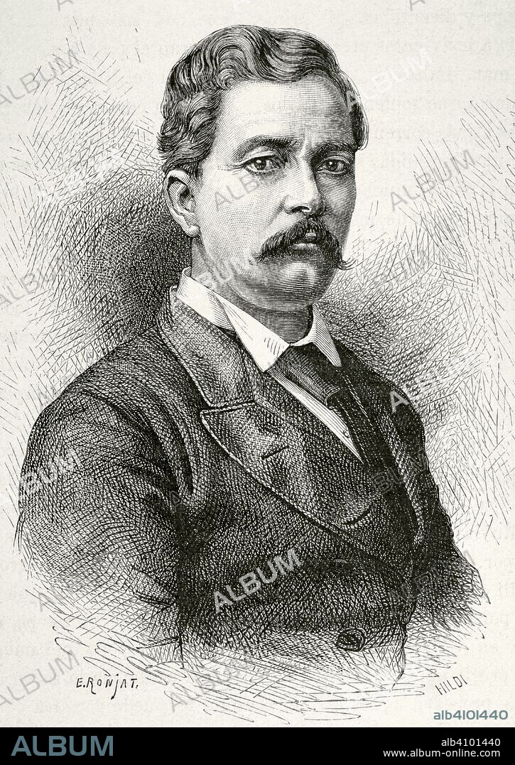 Henry Morton Stanley (1841-1904). Explorador y periodista británico nacionalizado estadounidense, famoso por sus expediciones al Africa Central. Retrato de Stanley antes de su partida para Africa (de una fotografía tomada en Inglatera en 1874). Dibujo de Etienne Ronjat (1822-?). Grabado. Africa Inexplorada, El Continente Misterioso, por Henry Morton Stanley, h. 1887. Biblioteca Histórico Militar de Barcelona, Cataluña, España.