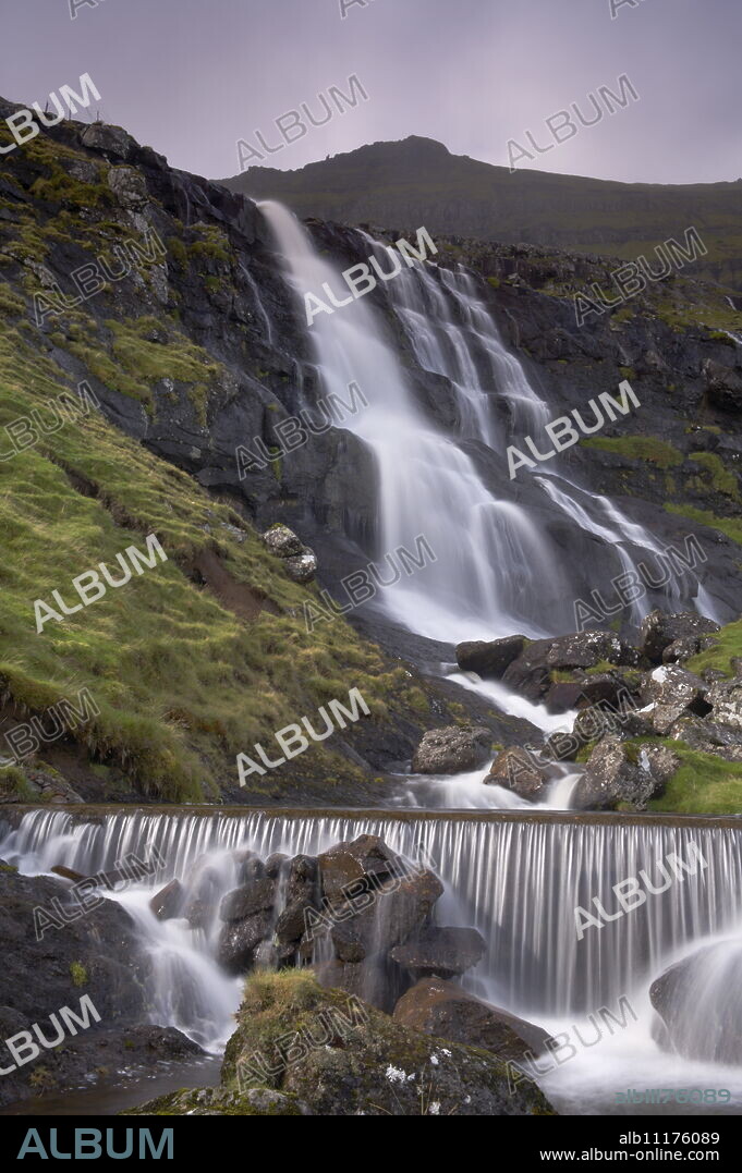 Waterfall, Laksa river near Hellur, Eysturoy Island, Faroe Islands (Faroes), Denmark, Europe.