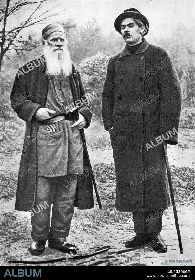 Count Lev Nikolayevich Tolstoy (1828-1910), usually referred to in English as Leo Tolstoy, was a Russian novelist regarded as one of the greatest of all time. Alexei Maximovich Peshkov (1868-1936), primarily known as Maxim (Maksim) Gorky, was a Russian and Soviet writer, a founder of the Socialist realism literary method and a political activist.