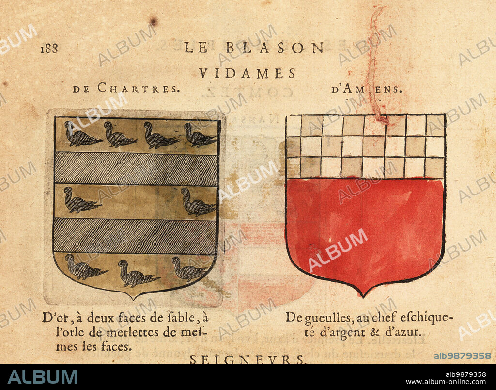 Coat of arms of the Vidame of:Chartres, with black fesses and martlet birds on gold field, the Vidame of Amiens, with silver and blue chequy on red field. Vidames de Chartres et dAmiens. Handcoloured woodblock engraving from Hierosme de Baras Le Blason des Armoiries, Chez Rolet Boutonne, Paris, 1628.
