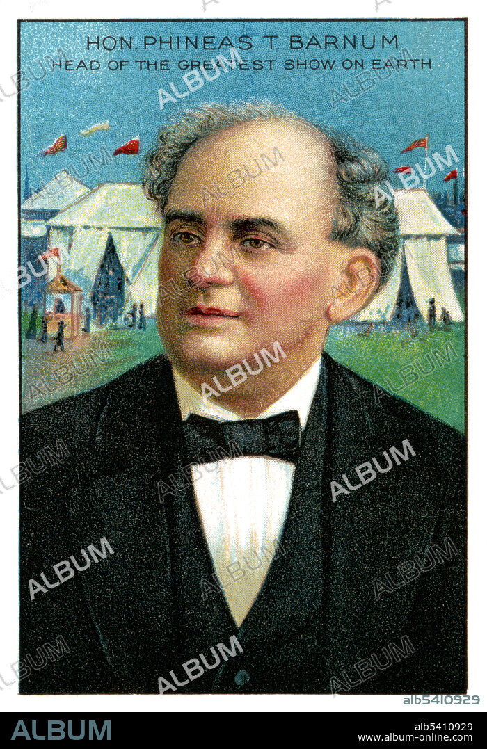 Phineas Taylor (P. T.)  Barnum (July 5, 1810 - April 7, 1891) was an American showman and businessman. In 1841, he opened Barnum's American Museum with a changing series of live acts and curiosities, including albinos, giants, midgets, jugglers, magicians, exotic women, detailed models of cities and famous battles, and, eventually, a menagerie of animals. In 1870, he established P. T. Barnum's Grand Traveling Museum, Menagerie, Caravan & Hippodrome. In 1881 he merged with James Bailey and the name was shortened to Barnum & Bailey Circus, which toured the world.  Cigarette card for American Tobacco Company, 1911 (cropped and cleaned).