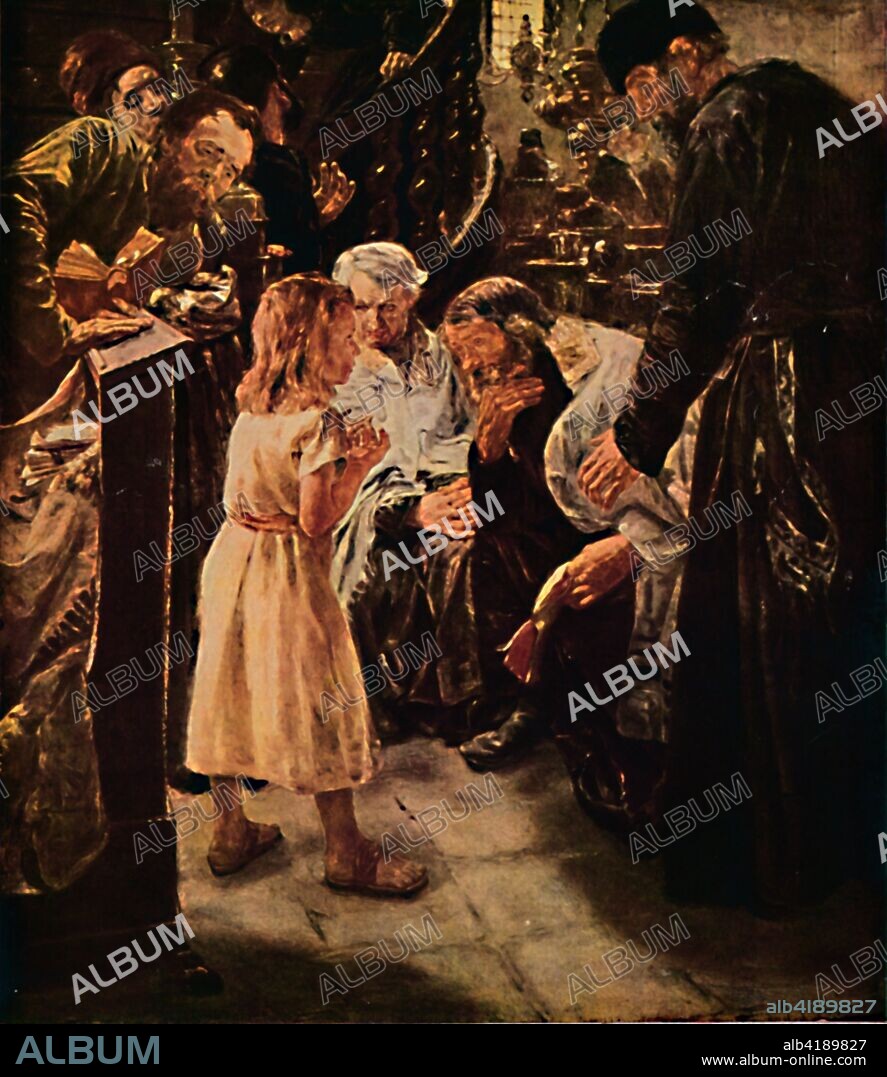 'Christ in the Temple', 1879, (1914). 'The Twelve-Year-Old Jesus in the Temple', first exhibited in 1879, caused a scandal, with critics berating Liebermann for depicting the Saviour as a 'Jewish urchin'. Liebermann, a Jew himself, felt constrained to overpaint the figure of Jesus, making him fairer haired and more European-looking, in an attempt at appeasement in the anti-semitic atmosphere of the time. Painting in the Hamburger Kunsthalle, Germany. From "Bibby's Annual 1914", edited by Joseph Bibby. [J. Bibby & Sons, London, 1914].